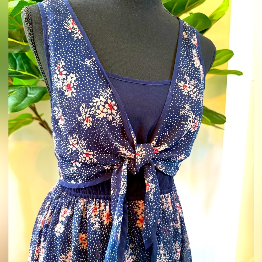 Navy Floral Dress with Sheer Navy Bodice and Tie Front